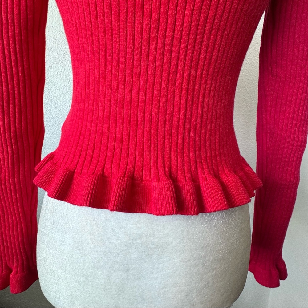 Commense Red Cardigan Ruffled Trim Pearl Button Long Sleeve SZ M NWT - Picture 9 of 12